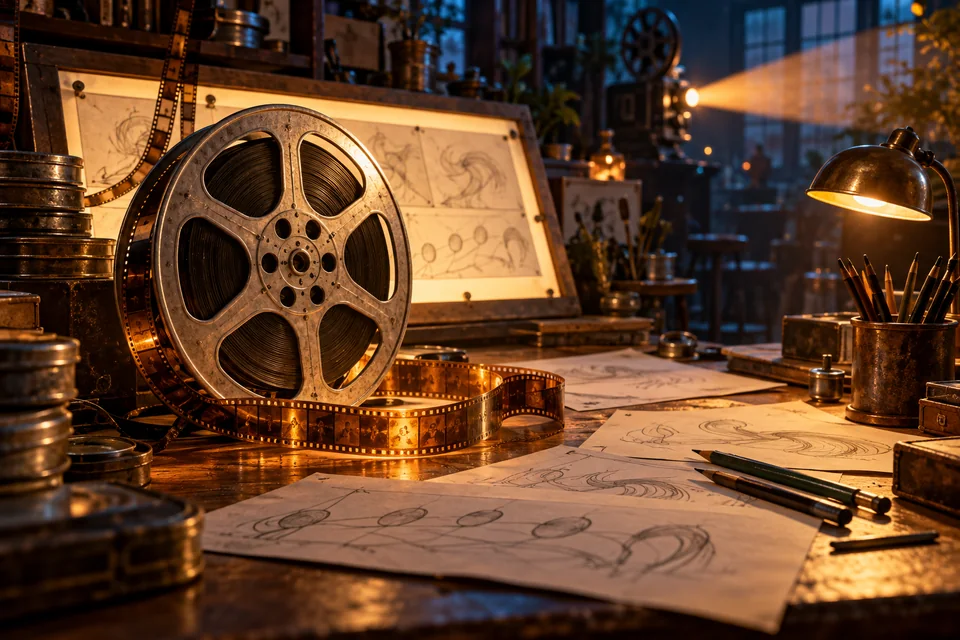Original AI-generated animation-studio illustration with a vintage film reel, illuminated drawing board and warm projector light.