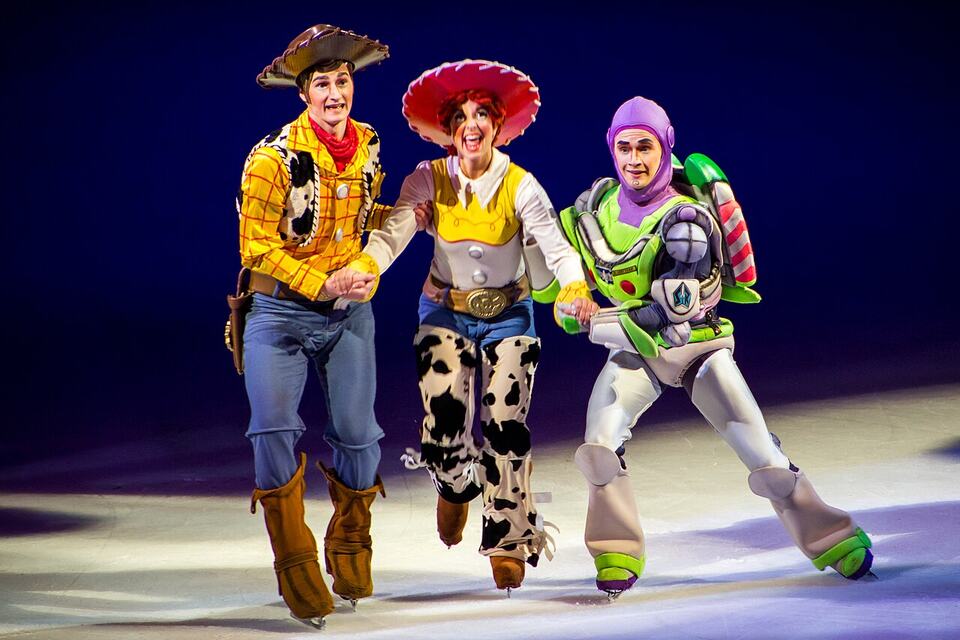 Woody, Jessie and Buzz Lightyear performers on the ice in a 2012 Disney on Ice show.